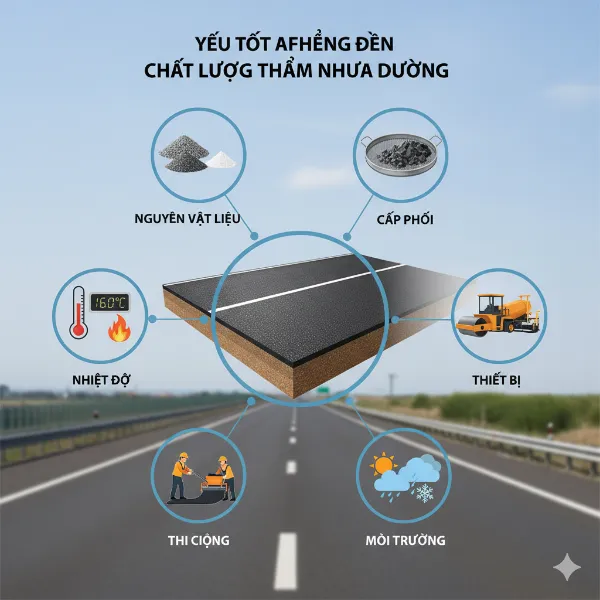 Quy trình thảm nhựa đường – Chuẩn kỹ thuật, bền đẹp và tiết kiệm chi phí 9 Các yếu tố ảnh hưởng đến chất lượng thảm nhựa đường