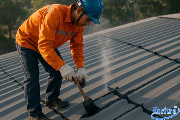 Thợ đang quét nhựa đường chống dột mái tôn bằng chổi quét chuyên dụng.