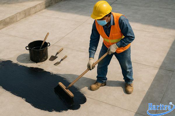 Thợ đang thi công chống thấm mái bê tông bằng nhựa đường nóng chảy