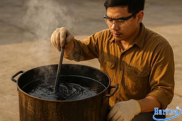 Đun nhựa đường nóng chảy trong nồi chuyên dụng ở nhiệt độ 160 độ C