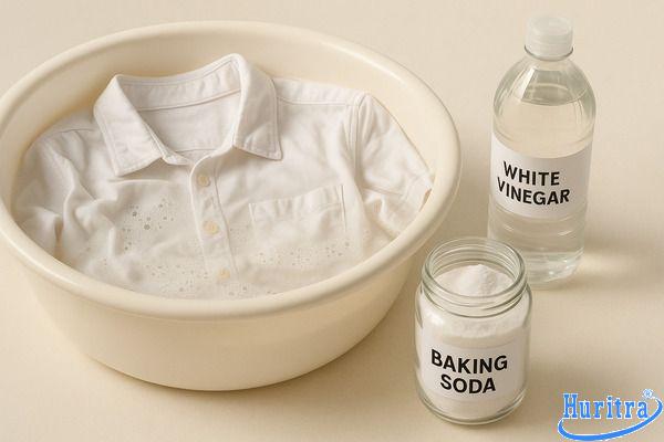 Khử mùi xăng trên quần áo bằng giấm trắng và baking soda