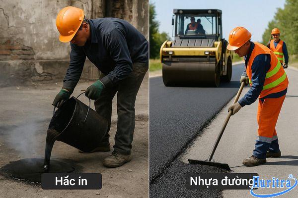 So sánh hắc ín và nhựa đường về nguồn gốc, đặc tính và ứng dụng.