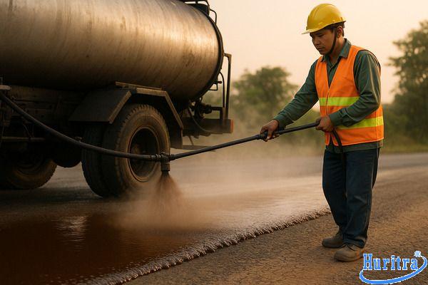 Sự khác nhau giữa nhựa đường và nhũ tương cho công trình 9 Công nhân phun nhũ tương nhựa đường làm lớp dính bám trước khi rải bê tông nhựa nóng