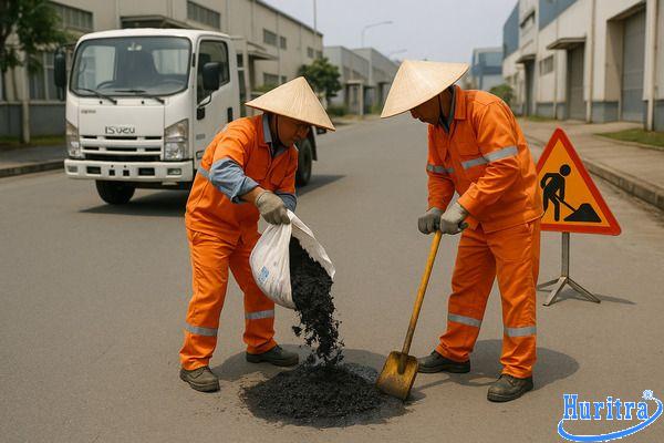 Ứng dụng nhựa đường đóng bao vá ổ gà và mặt đường khu công nghiệp