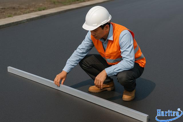 Kiểm tra độ phẳng bằng thước 3m theo tiêu chuẩn nghiệm thu.