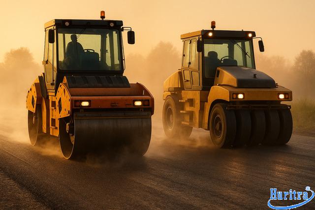 Lu bánh thép và lu bánh hơi tạo độ chặt chuẩn kỹ thuật.