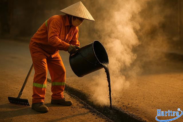 Rải BTN nóng đúng nhiệt độ giúp lớp vá ổn định và bền lâu.