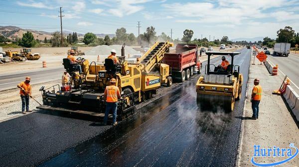 Máy rải và xe lu bánh lốp đang thi công đầm lèn mặt đường bê tông nhựa nóng.
