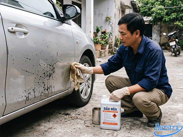 Bị dính nhựa đường phải làm sao? Cách tẩy sạch an toàn 8 Sử dụng dầu hỏa (Dầu hỏa hoặc Diesel) để loại bỏ vết nhựa đường